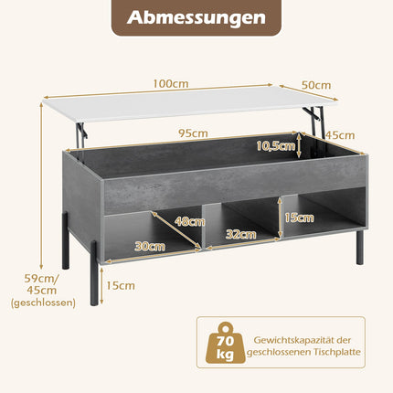 Verstellbarer Couchtisch mit Hebeplatte und Stauraum, Grau