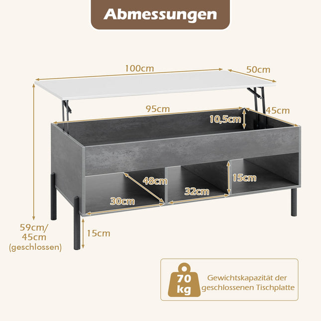 Verstellbarer Couchtisch mit Hebeplatte und Stauraum, Grau