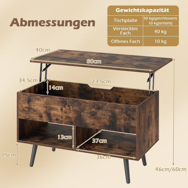 Verstellbarer Couchtisch mit hochklappbarer Platte und Ablageflächen
