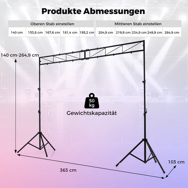Adjustable DJ Light Stand with Crossbar, 140–265 cm Height