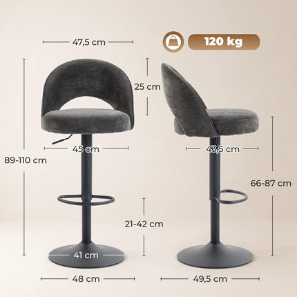Adjustable Dark Grey Bar Stools, Set of 2, 360 Swivel