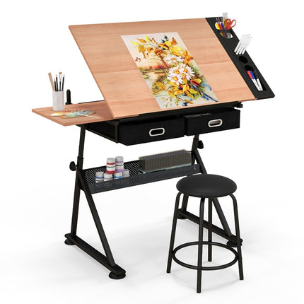 Adjustable Drawing Desk with Stool, Tilt Top, Storage