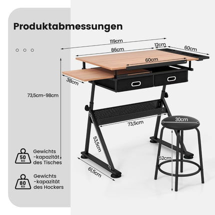 Adjustable Drawing Desk with Stool, Tilt Top, Storage