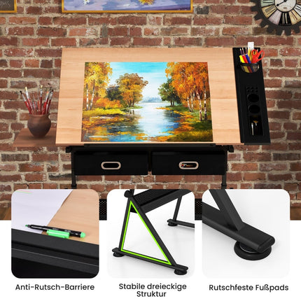 Adjustable Drawing Desk with Stool, Tilt Top, Storage