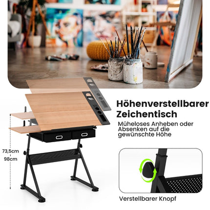 Adjustable Drawing Desk with Stool, Tilt Top, Storage