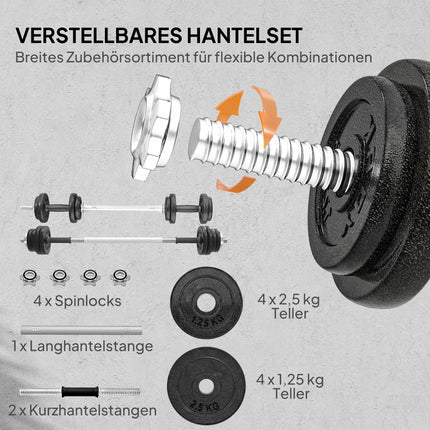 Nastavitelná sada jednoruček a velké činky, 20KG, protiskluzový úchop