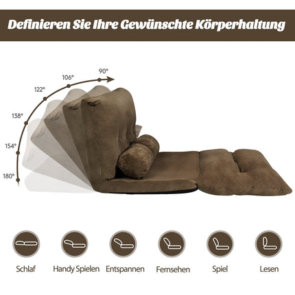Adjustable Floor Sofa Bed with 2 Cushions, Brown