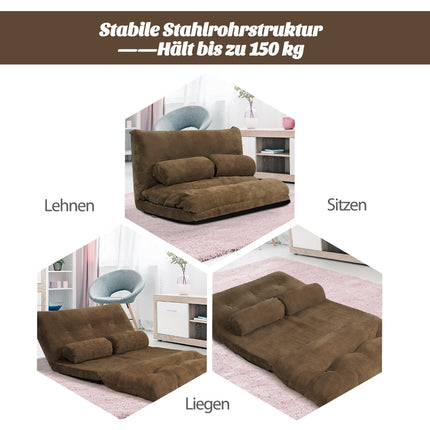 Adjustable Floor Sofa Bed with 2 Cushions, Brown