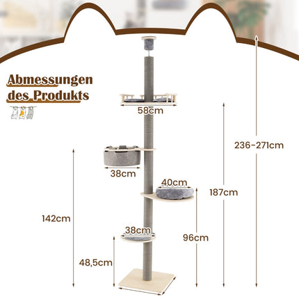 Verstellbarer Katzenkratzbaum für den Boden und die Decke, 236–271 cm, Grau
