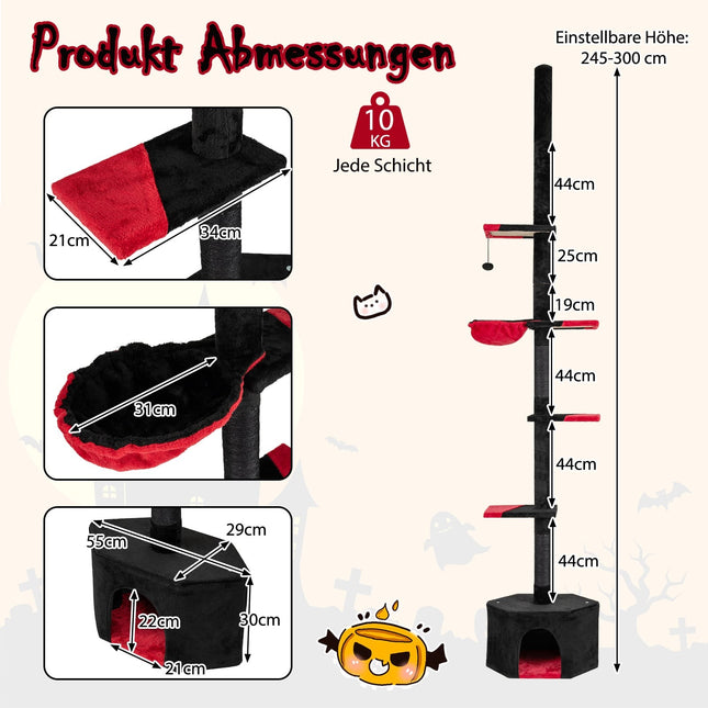 Verstellbarer Deckenhoher Kratzbaum, 5 Ebenen, Schwarz