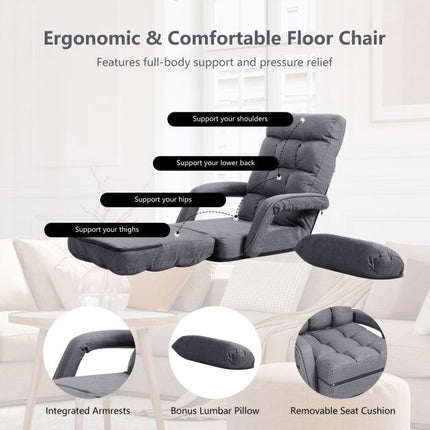 Adjustable Folding Floor Lounge Chair With Pillow, Grey
