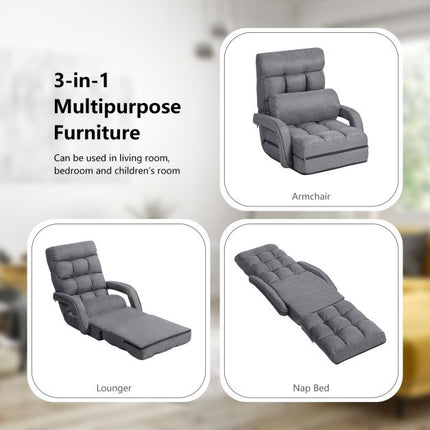 Adjustable Folding Floor Lounge Chair With Pillow, Grey