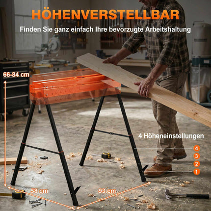 Adjustable Folding Sawhorses, Metal, 250kg Capacity, Set of 2