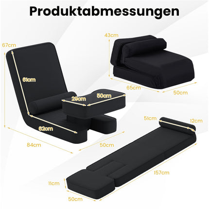 Verstellbarer Gaming-Bodenstuhl mit Fußstütze, Schwarz