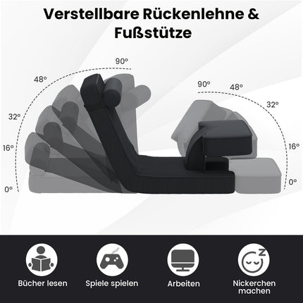 Verstellbarer Gaming-Bodenstuhl mit Fußstütze, Schwarz