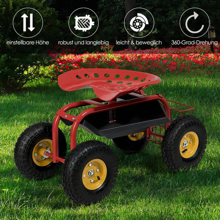 Adjustable Garden Seat with Wheels, 360° Swivel, Red