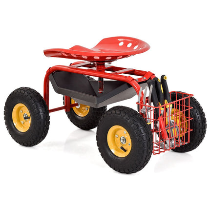 Adjustable Garden Seat with Wheels, 360° Swivel, Red