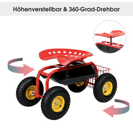 Adjustable Garden Seat with Wheels, 360° Swivel, Red