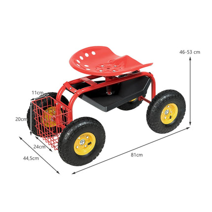 Adjustable Garden Seat with Wheels, 360° Swivel, Red