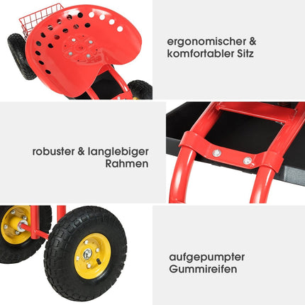 Adjustable Garden Seat with Wheels, 360° Swivel, Red