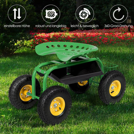 Verstellbarer Gartensitz mit Rädern, 360° drehbar, Ablagekorb