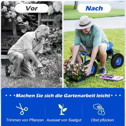 Adjustable Garden Seat with Wheels and Storage, Blue