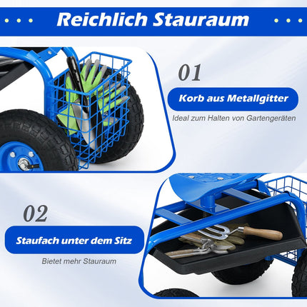 Adjustable Garden Seat with Wheels and Storage, Blue