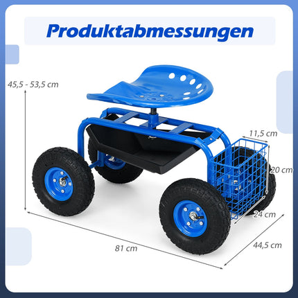 Adjustable Garden Seat with Wheels and Storage, Blue