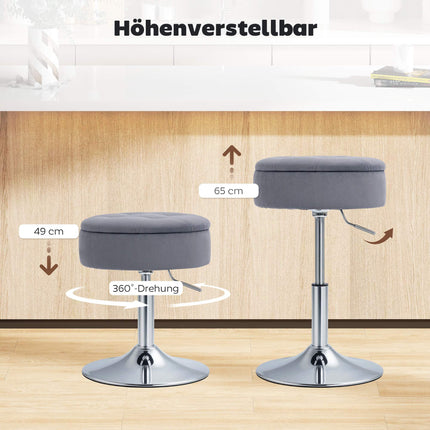 Adjustable Grey Velvet Bar Stool with Storage, 39x39x65 cm