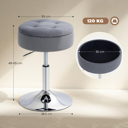 Adjustable Grey Velvet Bar Stool with Storage, 39x39x65 cm