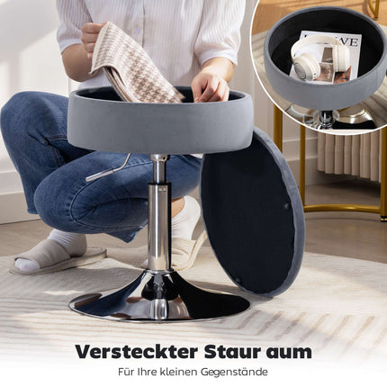 Adjustable Grey Velvet Bar Stool with Storage, 39x39x65 cm