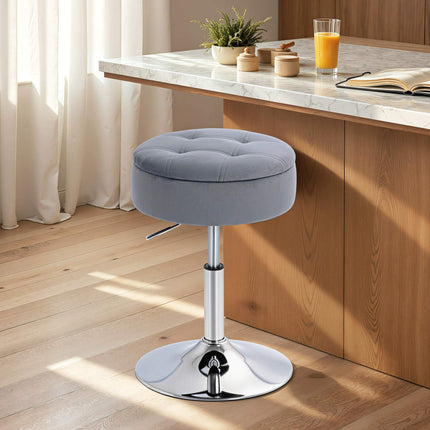 Adjustable Grey Velvet Bar Stool with Storage, 39x39x65 cm