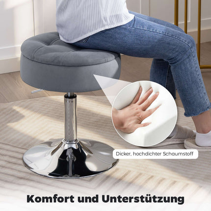 Adjustable Grey Velvet Bar Stool with Storage, 39x39x65 cm