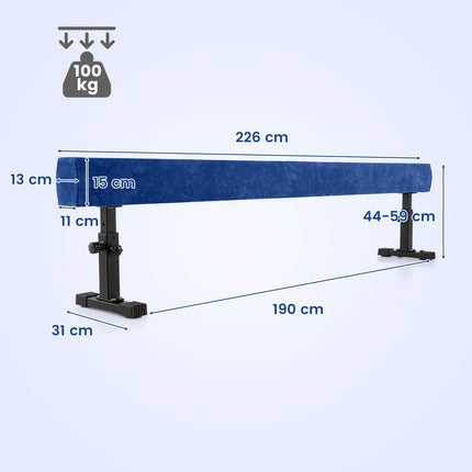 Adjustable Gymnastics Beam, 226 cm, 3 Heights, Blue