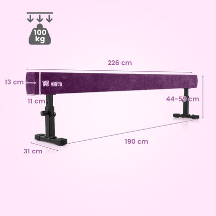 Verstellbarer Gymnastikbalken, 226 cm, 3 Höhen, Lila