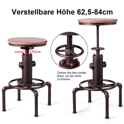 Höhenverstellbarer Barhocker, Kiefernholz & Eisen, 59,5-75 cm