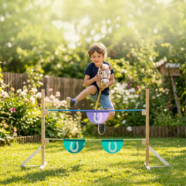 Verstelbare hindernis voor hobbelpaarden met houten balken