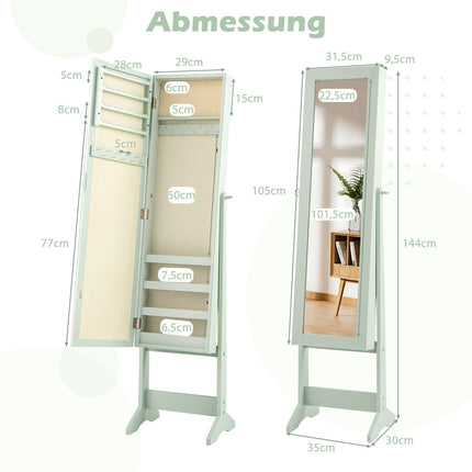 Verstellbarer Schmuckschrank mit Ganzkörperspiegel, Grün