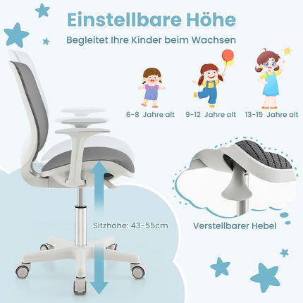 Verstellbarer Kinder-Schreibtischstuhl mit Sitzbremse, ergonomisch, Grau