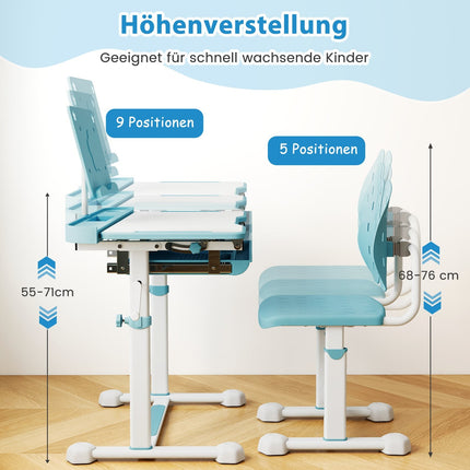 Verstellbares Kinder-Schreibtisch- und Stuhl-Set mit neigbarer Tischplatte, Blau
