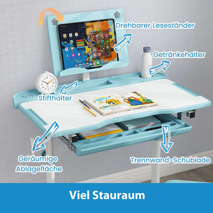 Verstellbares Kinder-Schreibtisch- und Stuhl-Set mit neigbarer Tischplatte, Blau