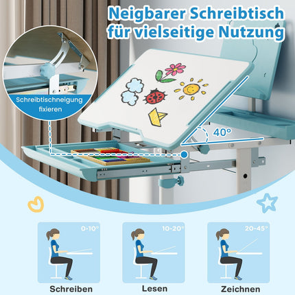 Verstellbares Kinder-Schreibtisch- und Stuhl-Set mit neigbarer Tischplatte, Blau