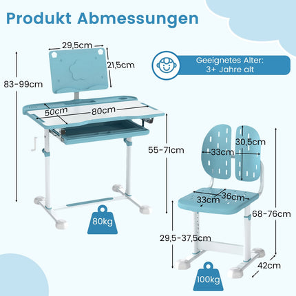 Verstellbares Kinder-Schreibtisch- und Stuhl-Set mit neigbarer Tischplatte, Blau