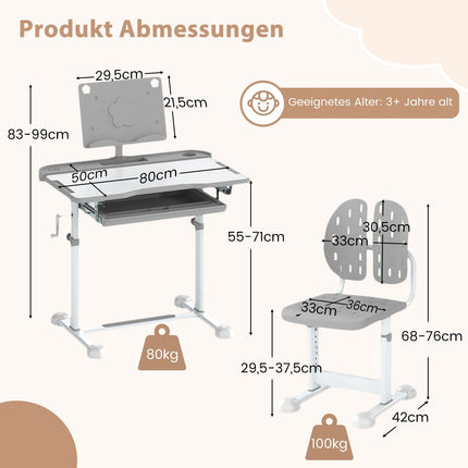 Adjustable Kids Desk and Chair Set with Tilt Top, Grey