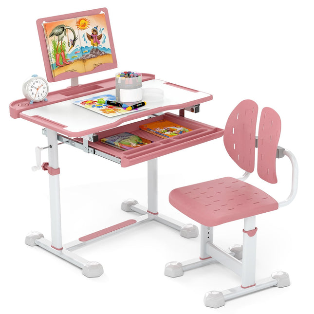 Verstellbares Kinderschreibtisch- und Stuhl-Set mit neigbarer Tischplatte, Rosa