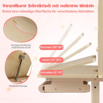 Verstellbarer Kinderschreibtisch mit Regal & Schublade, neigbare Tischplatte