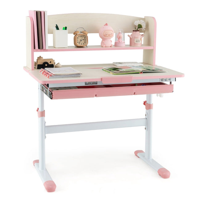 Verstellbarer Kinderschreibtisch mit neigbarer Tischplatte, Schublade und Regal – Rosa