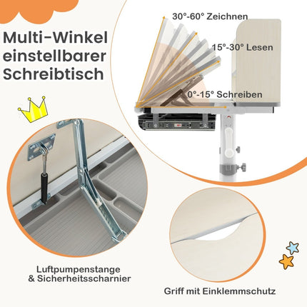 Verstellbarer Kinderschreibtisch mit neigbarer Arbeitsplatte, Schublade, Regalen – Grau