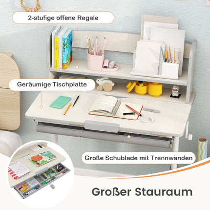 Verstellbarer Kinderschreibtisch mit neigbarer Arbeitsplatte, Schublade, Regalen – Grau