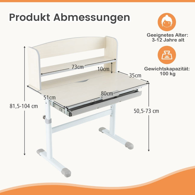 Verstellbarer Kinderschreibtisch mit neigbarer Arbeitsplatte, Schublade, Regalen – Grau